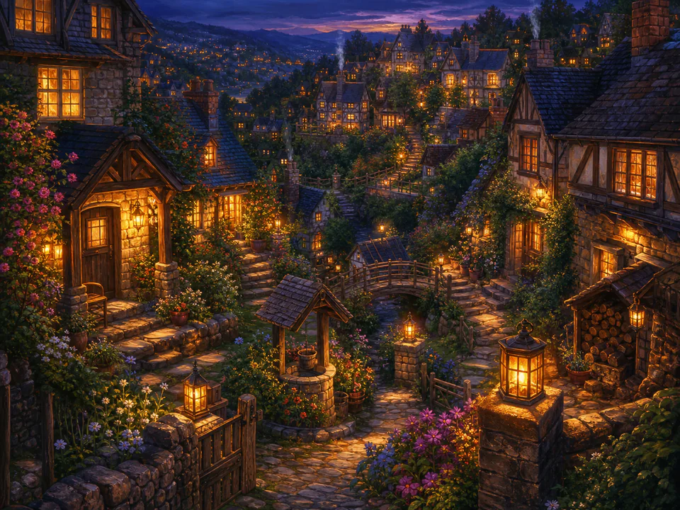 Amber Lantern Lane, an illustrated cozy cottages jigsaw puzzle scene