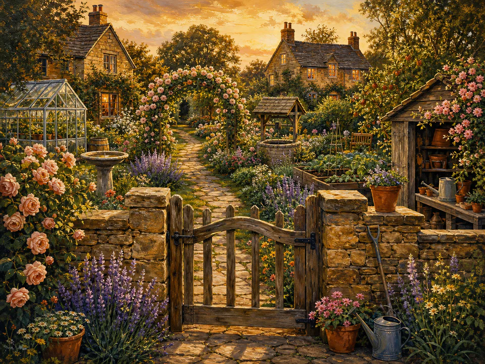 Amber Garden Gate, an illustrated cozy cottages jigsaw puzzle scene