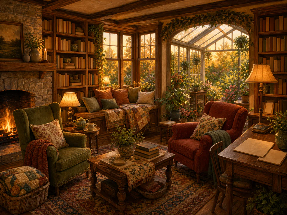Amber Reading Room, an illustrated cozy cottages jigsaw puzzle scene