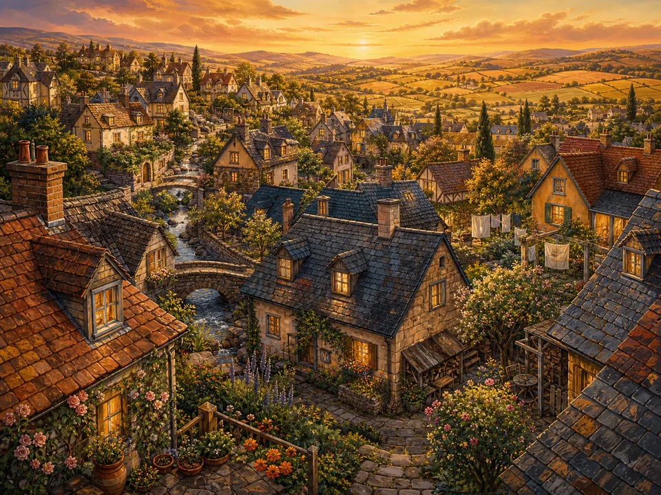 Amber Village Roofs, an illustrated cozy cottages jigsaw puzzle scene
