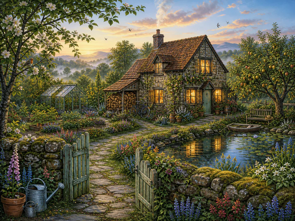 Quiet Cottage at Dawn, an illustrated cozy cottages jigsaw puzzle scene