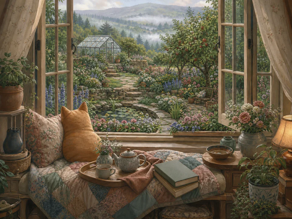 Quiet Window Garden, an illustrated cozy cottages jigsaw puzzle scene