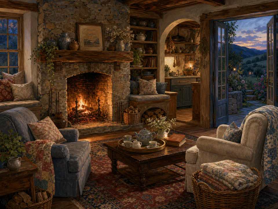 Quiet Stone Hearth, an illustrated cozy cottages jigsaw puzzle scene