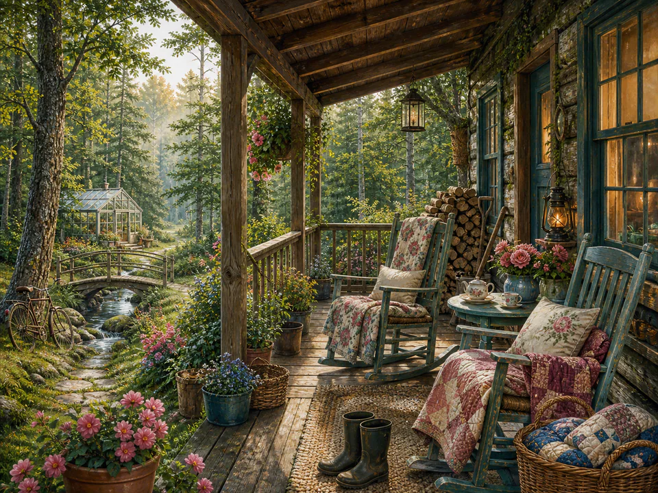 Quiet Woodland Porch, an illustrated cozy cottages jigsaw puzzle scene