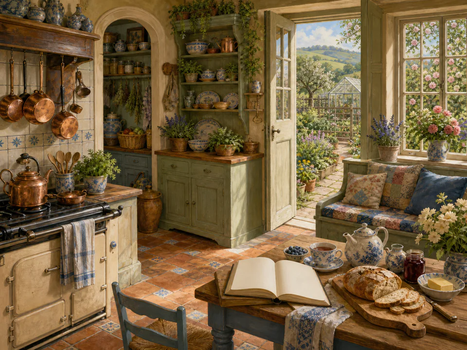 Quiet Kitchen Nook, an illustrated cozy cottages jigsaw puzzle scene