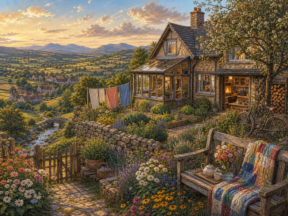 Quiet Hilltop Home, an illustrated cozy cottages jigsaw puzzle scene