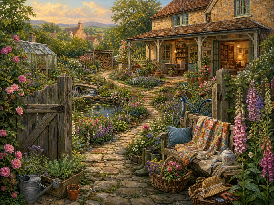 Quiet Garden Gate, an illustrated cozy cottages jigsaw puzzle scene