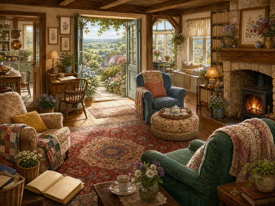 Quiet Reading Room, an illustrated cozy cottages jigsaw puzzle scene