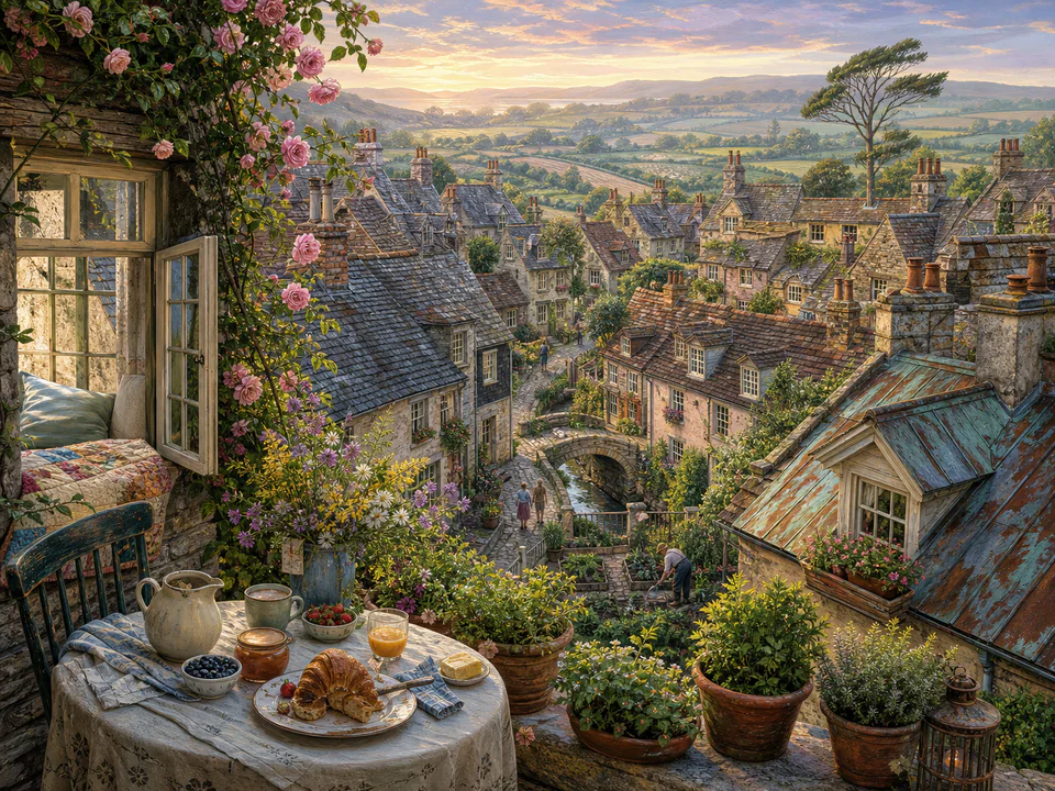 Quiet Village Roofs, an illustrated cozy cottages jigsaw puzzle scene