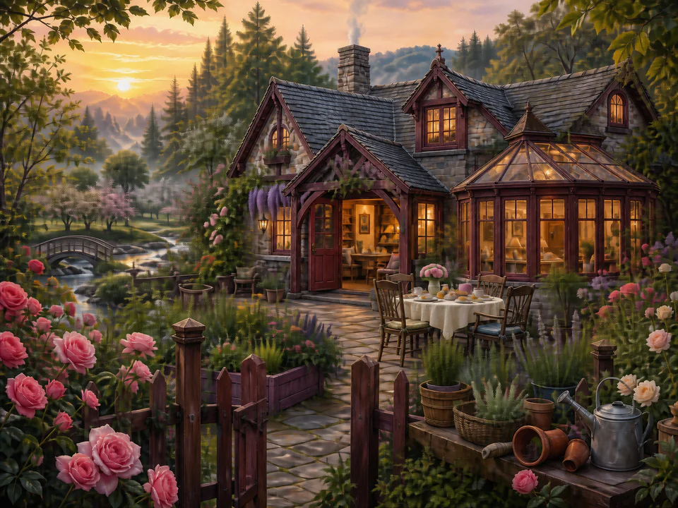 Rosewood Cottage at Dawn, an illustrated cozy cottages jigsaw puzzle scene