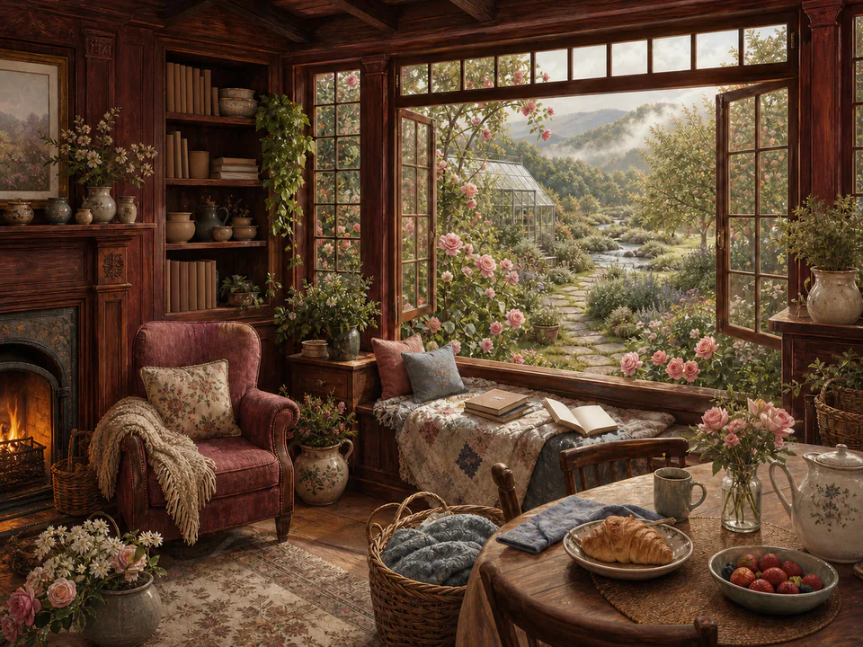 Rosewood Window Garden, an illustrated cozy cottages jigsaw puzzle scene