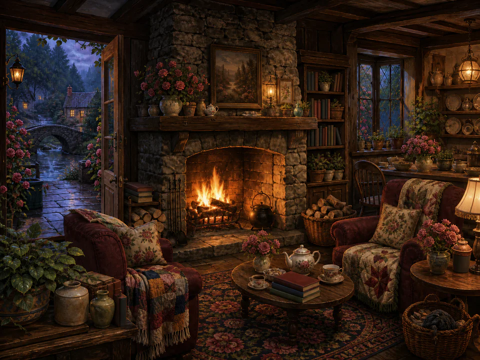 Rosewood Stone Hearth, an illustrated cozy cottages jigsaw puzzle scene