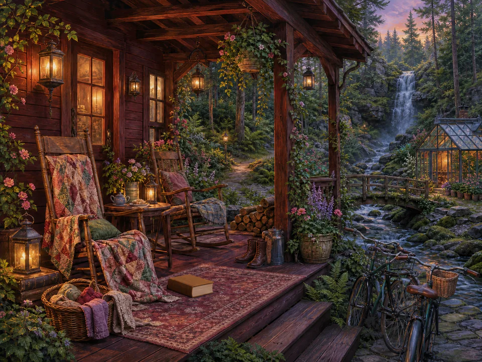 Rosewood Woodland Porch, an illustrated cozy cottages jigsaw puzzle scene