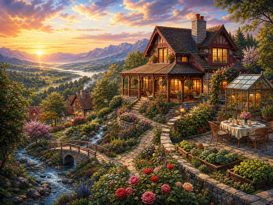 Rosewood Hilltop Home, an illustrated cozy cottages jigsaw puzzle scene