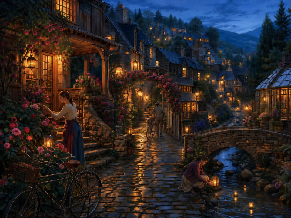 Rosewood Lantern Lane, an illustrated cozy cottages jigsaw puzzle scene