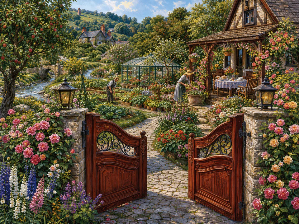 Rosewood Garden Gate, an illustrated cozy cottages jigsaw puzzle scene