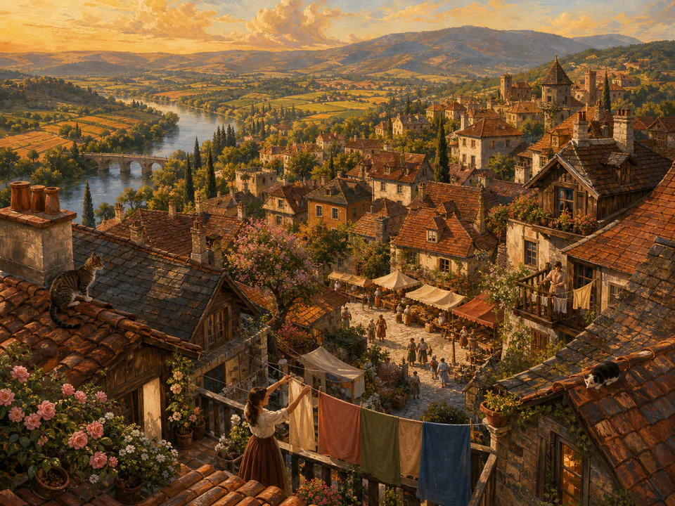 Rosewood Village Roofs, an illustrated cozy cottages jigsaw puzzle scene