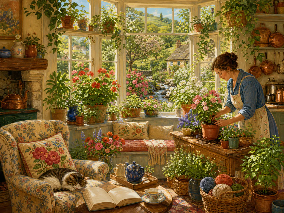 Sunlit Window Garden, an illustrated cozy cottages jigsaw puzzle scene