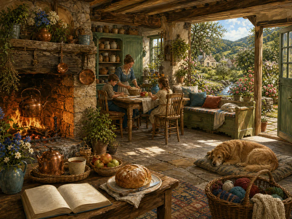 Sunlit Stone Hearth, an illustrated cozy cottages jigsaw puzzle scene