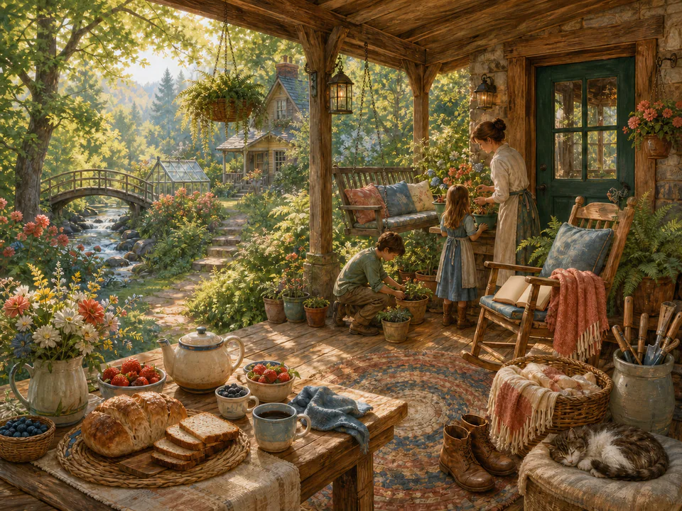 Sunlit Woodland Porch, an illustrated cozy cottages jigsaw puzzle scene