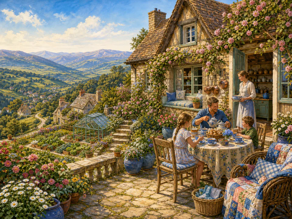 Sunlit Hilltop Home, an illustrated cozy cottages jigsaw puzzle scene