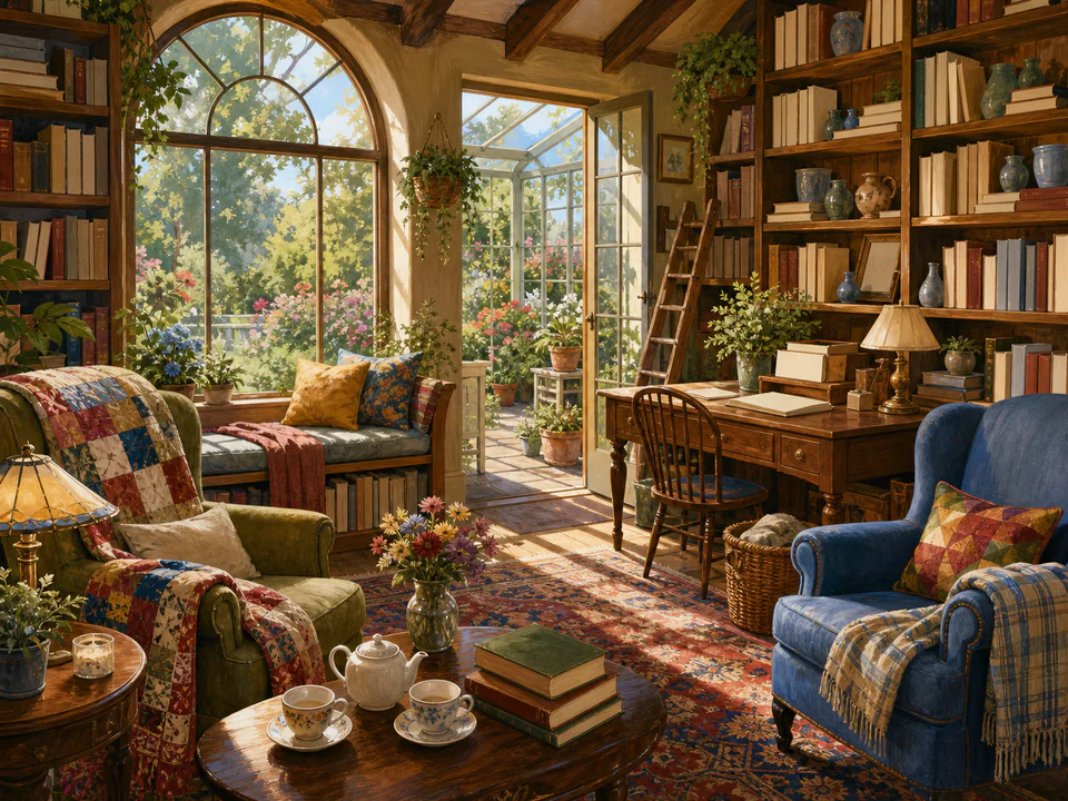 Sunlit Reading Room, an illustrated cozy cottages jigsaw puzzle scene