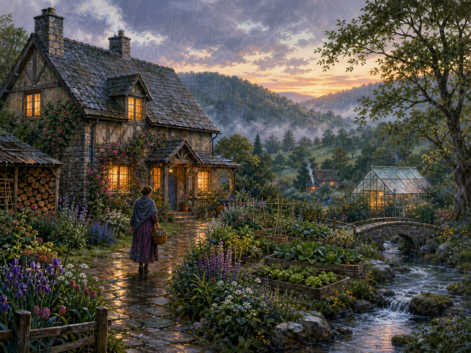 Rainy Cottage at Dawn, an illustrated cozy cottages jigsaw puzzle scene