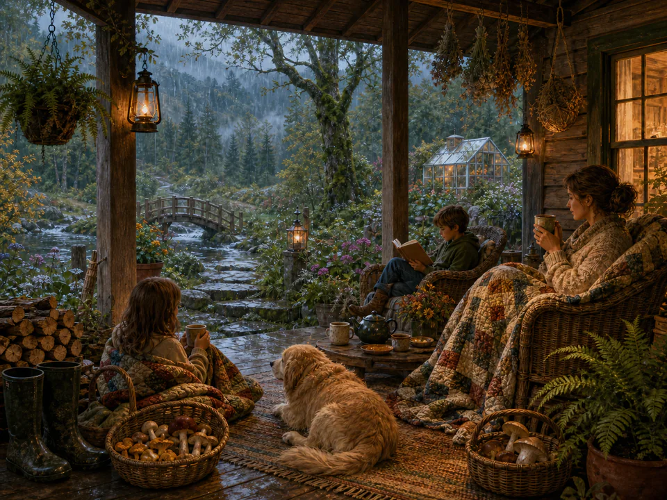 Rainy Woodland Porch, an illustrated cozy cottages jigsaw puzzle scene