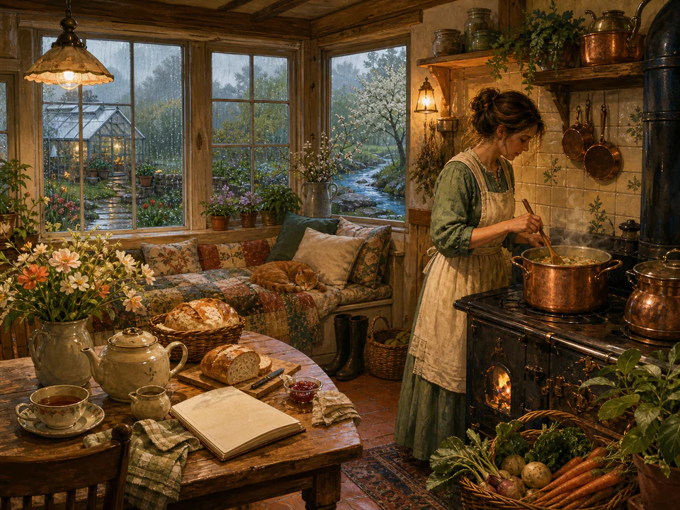 Rainy Kitchen Nook, an illustrated cozy cottages jigsaw puzzle scene