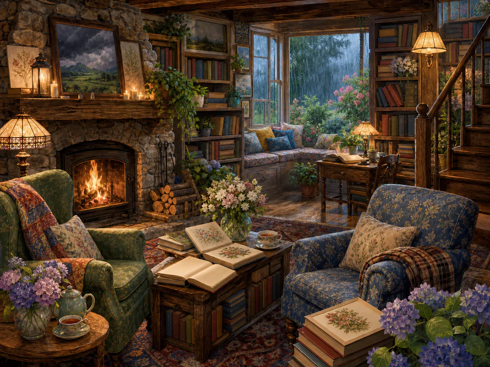 Rainy Reading Room, an illustrated cozy cottages jigsaw puzzle scene