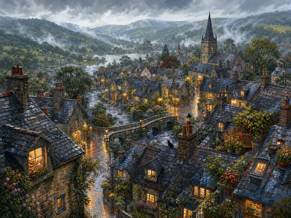 Rainy Village Roofs, an illustrated cozy cottages jigsaw puzzle scene