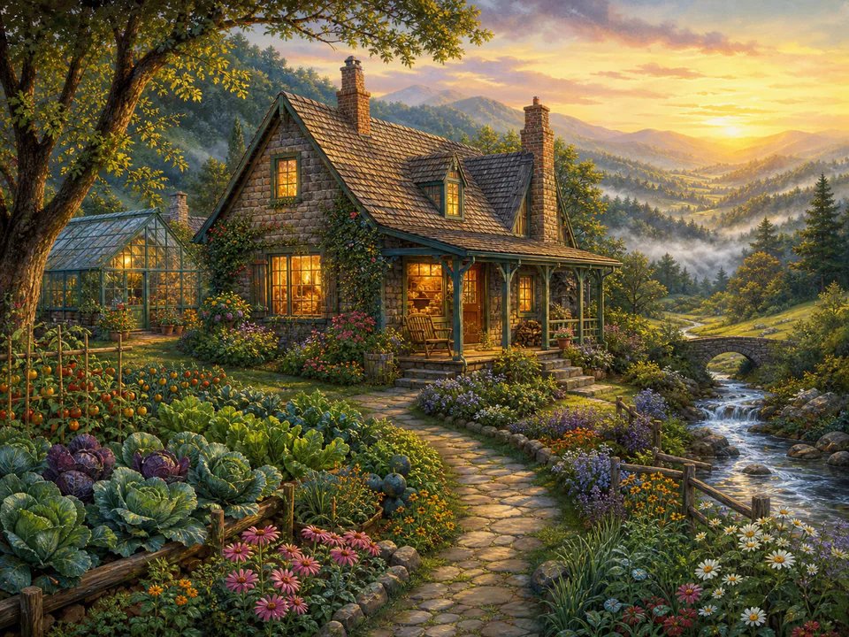 Hearthside Cottage at Dawn, an illustrated cozy cottages jigsaw puzzle scene