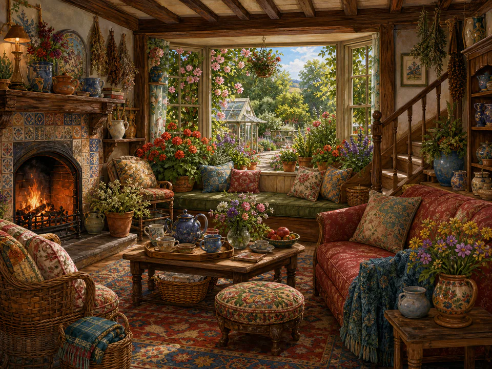 Hearthside Window Garden, an illustrated cozy cottages jigsaw puzzle scene