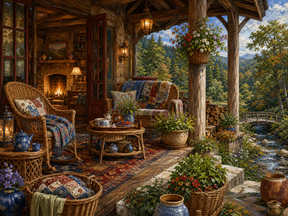 Hearthside Woodland Porch, an illustrated cozy cottages jigsaw puzzle scene