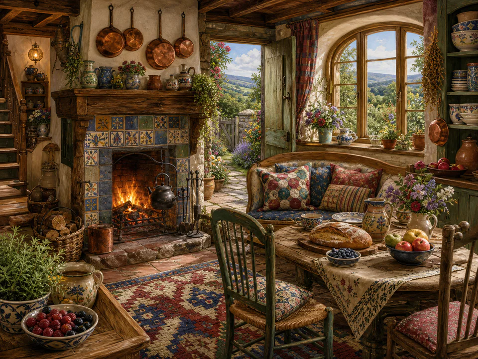 Hearthside Kitchen Nook, an illustrated cozy cottages jigsaw puzzle scene