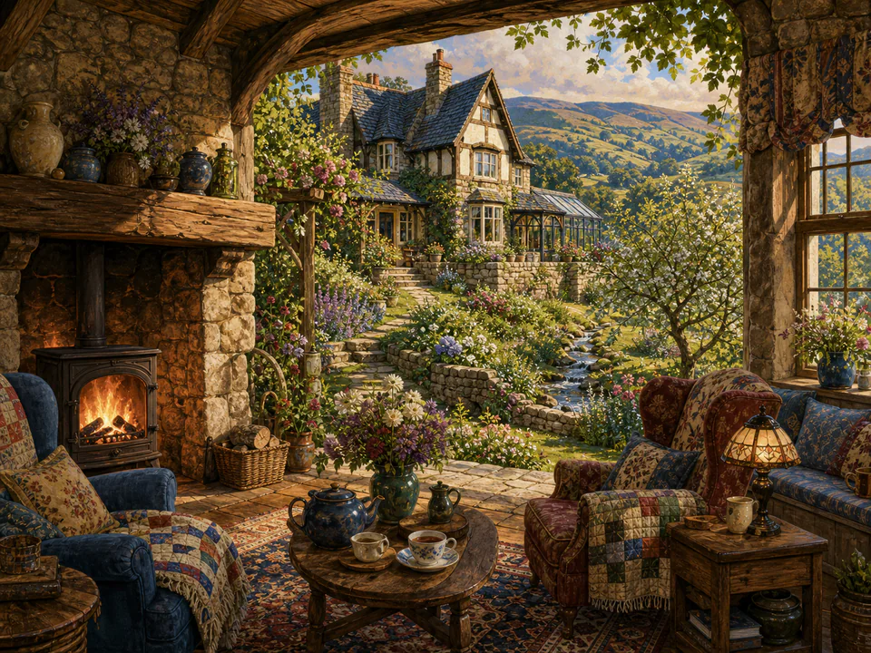 Hearthside Hilltop Home, an illustrated cozy cottages jigsaw puzzle scene