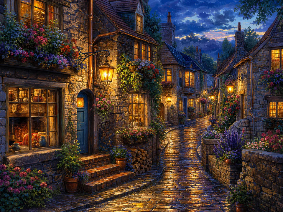 Hearthside Lantern Lane, an illustrated cozy cottages jigsaw puzzle scene
