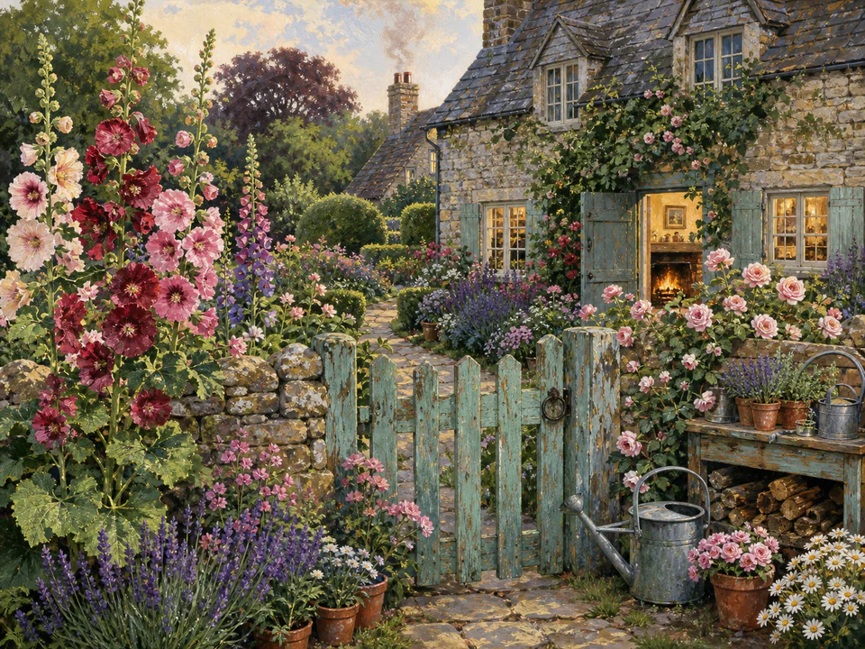 Hearthside Garden Gate, an illustrated cozy cottages jigsaw puzzle scene