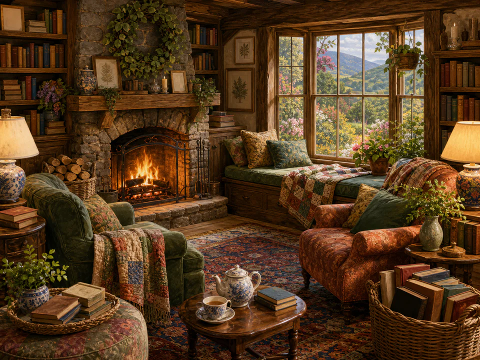 Hearthside Reading Room, an illustrated cozy cottages jigsaw puzzle scene