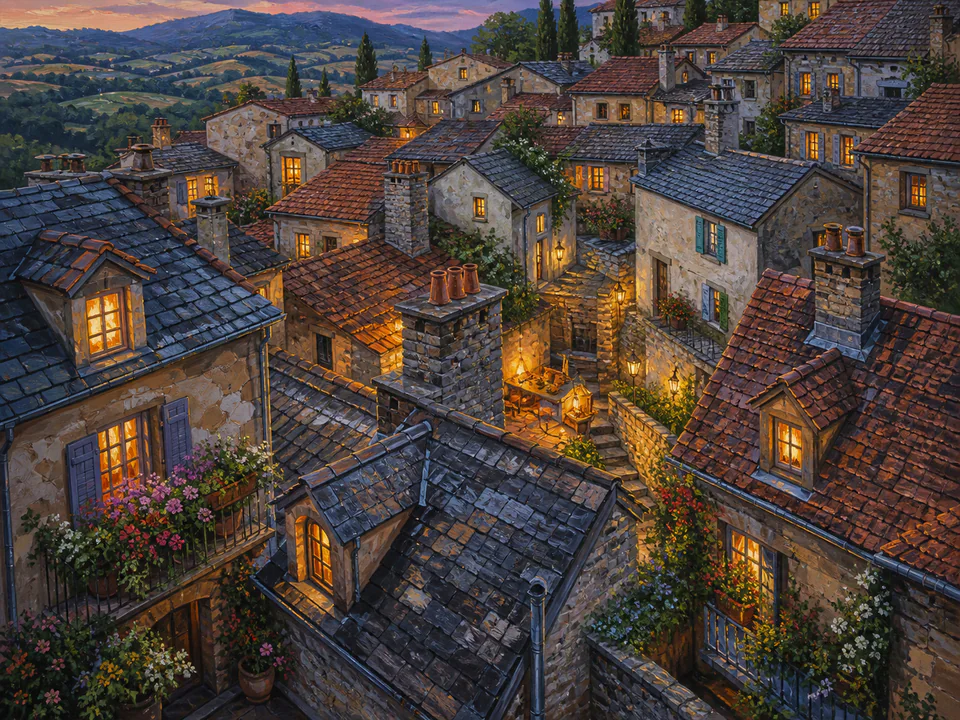 Hearthside Village Roofs, an illustrated cozy cottages jigsaw puzzle scene