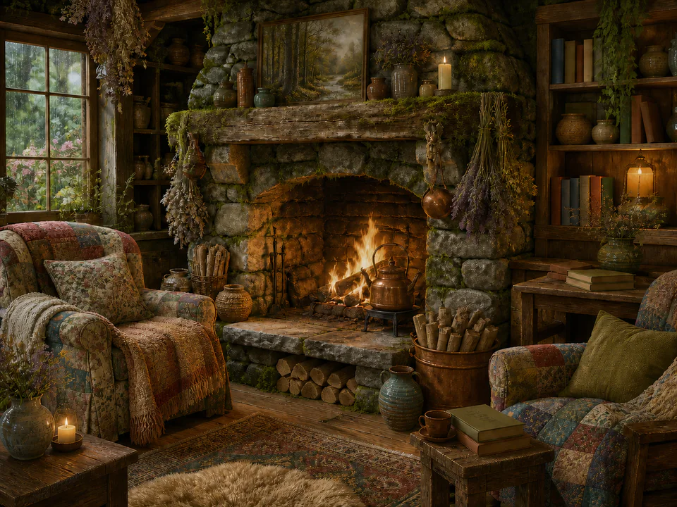 Mossy Stone Hearth, an illustrated cozy cottages jigsaw puzzle scene