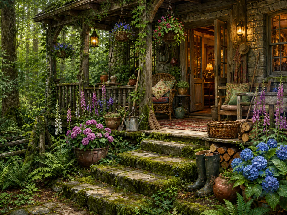 Mossy Woodland Porch, an illustrated cozy cottages jigsaw puzzle scene