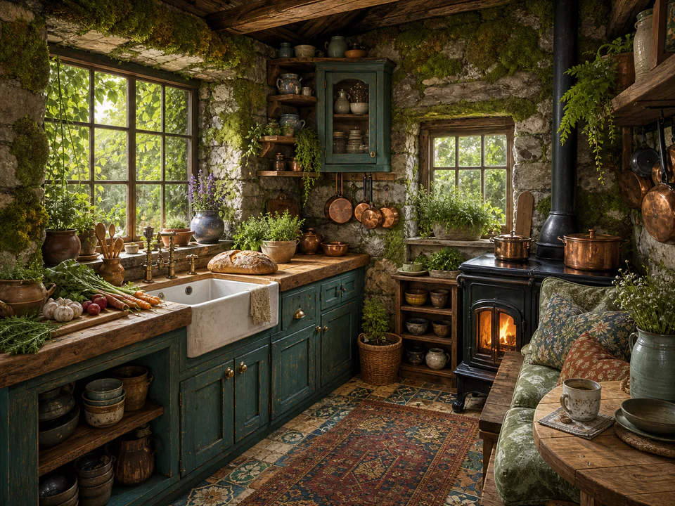 Mossy Kitchen Nook, an illustrated cozy cottages jigsaw puzzle scene