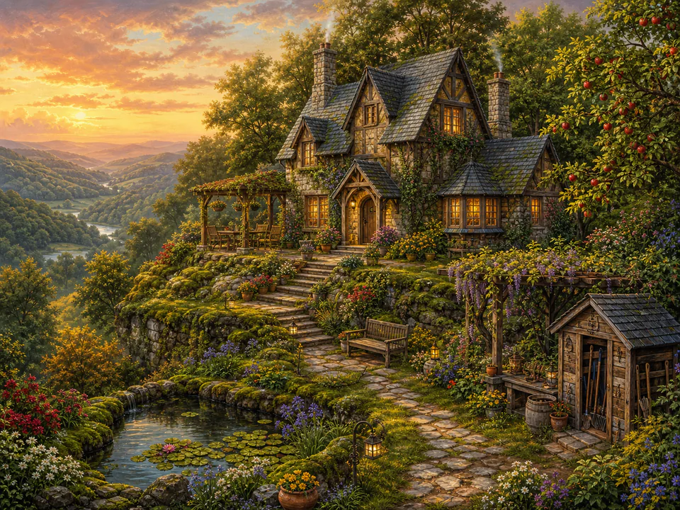 Mossy Hilltop Home, an illustrated cozy cottages jigsaw puzzle scene