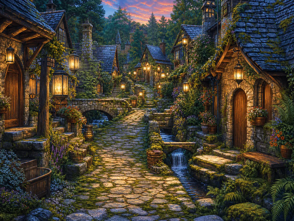 Mossy Lantern Lane, an illustrated cozy cottages jigsaw puzzle scene