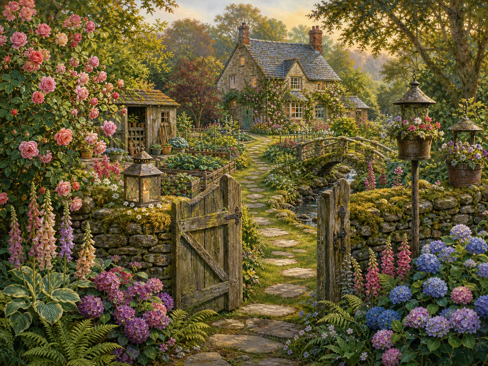 Mossy Garden Gate, an illustrated cozy cottages jigsaw puzzle scene