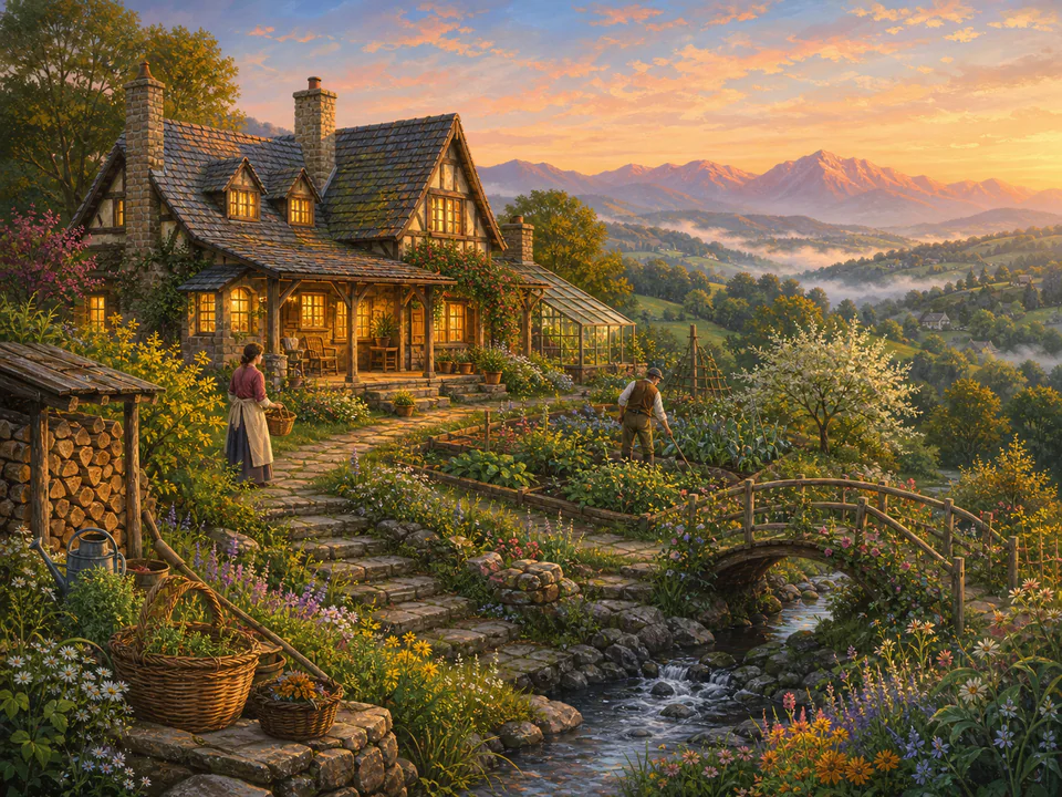 Golden Cottage at Dawn, an illustrated cozy cottages jigsaw puzzle scene
