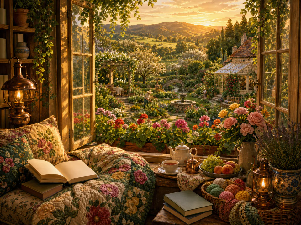 Golden Window Garden, an illustrated cozy cottages jigsaw puzzle scene