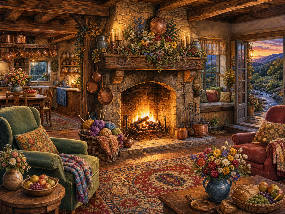 Golden Stone Hearth, an illustrated cozy cottages jigsaw puzzle scene