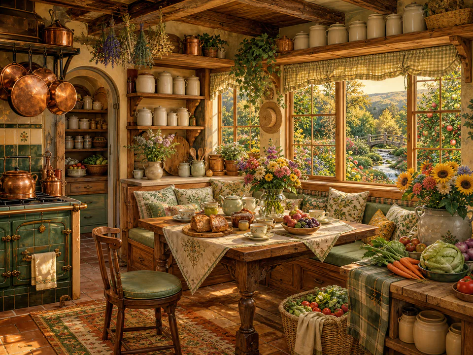 Golden Kitchen Nook, an illustrated cozy cottages jigsaw puzzle scene